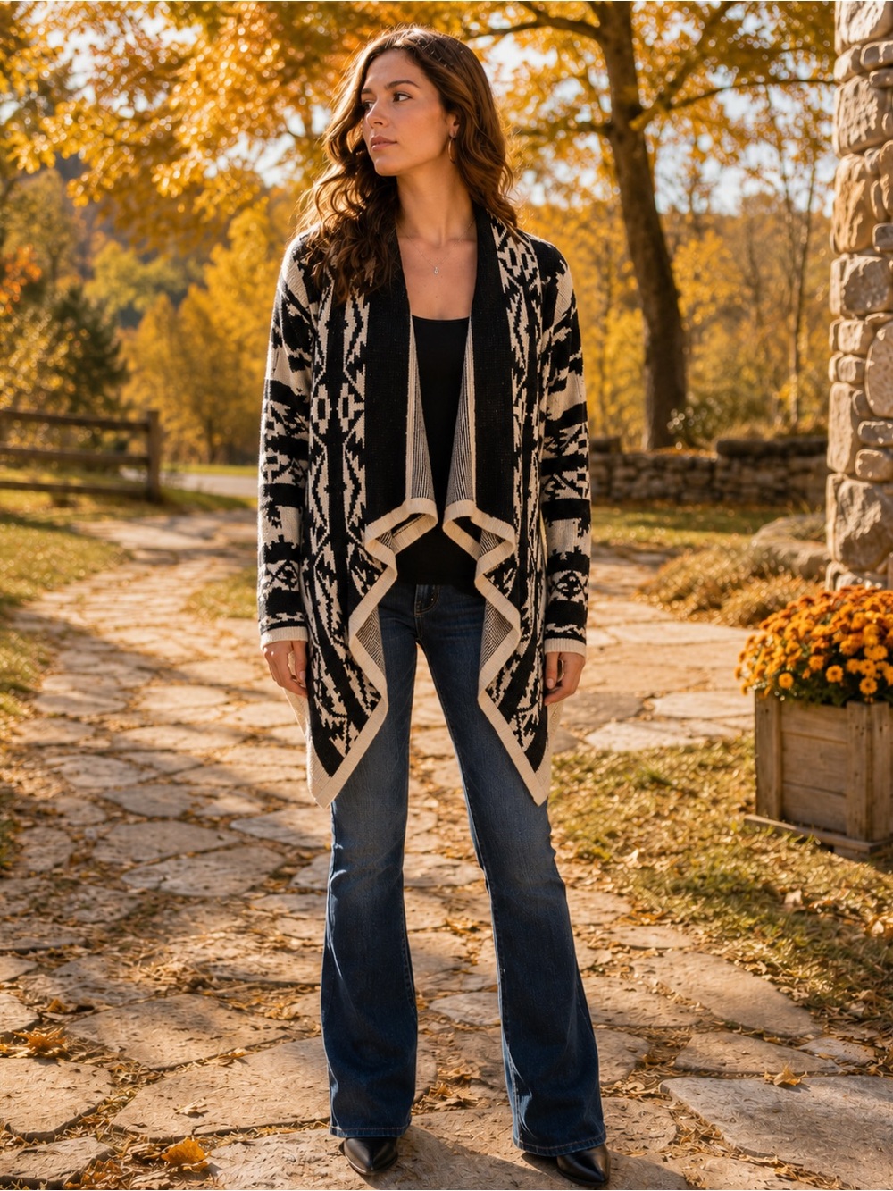 Moon Collection Black & Cream Aztec Waterfall Cardigan Sweater XL Boho Cozy Knit